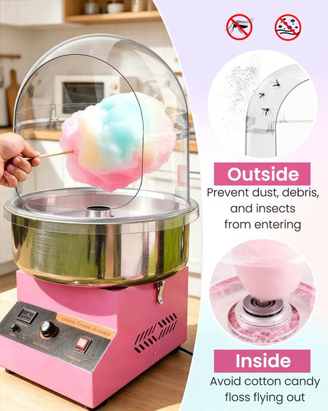 15 Inch Cotton Candy Machine Cover with Transparent Acrylic Dome for 15 Inch Bowls in action, showcasing protection and usability.