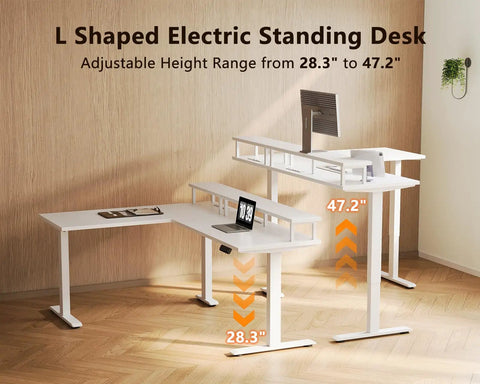 Electric L-Shaped Standing Desk With Monitor Stand And Built In Power Outlets 59 Inch Height Adjustable Sit Stand Desk For Home Office