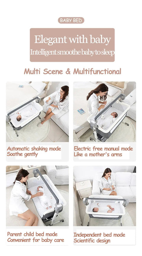 Smart Electric Baby Bedside Crib And Bluetooth Bassinet For Room Sharing With Automated Remote Control Smooth Swaying Motion And Built In Lullabies For A No Sweat Parenting Vibe Pink - Parent and baby using multi-functional crib.