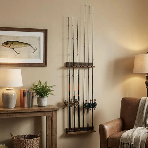 Wall Mounted Burnt Wood Fishing Rod Holder for Garage Adjustable Vertical Pole Rack That Holds Six Rods in living room setting.
