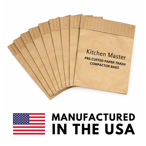 Precuffed 12 Pack Kitchen Compactor Bags Tough As Nails For Garbage Kitchen Liner And Trash Bin Press Durable USA Made Kitchen Essential You Can Count On, brown paper bags with USA flag