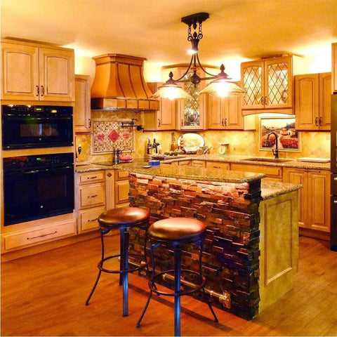 Warmly lit kitchen showing GY6.35 50W Dimmable Halogen Bulbs 12V Warm White 2700K JC Type Capsule in overhead light fixtures.
