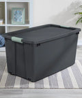 Hella Tough 12 Pack 45 Gallon Wheeled Latch Totes displayed with smooth rolling wheels, dark gray plastic, and secure snap caps.