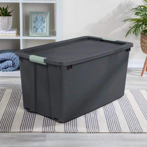 Hella Tough 12 Pack 45 Gallon Wheeled Latch Totes displayed with smooth rolling wheels, dark gray plastic, and secure snap caps.