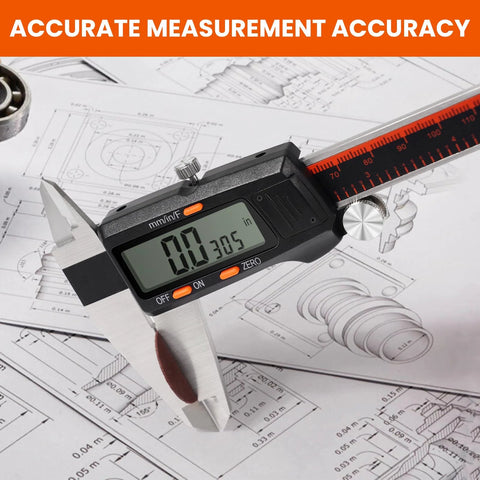 Digital caliper with stainless steel jaws and black body; large LCD display and 0–8 inch measurement, inch/fractions/mm
