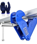 KARRYTON blue beam clamp installed on an I-beam for lifting, 2-ton capacity