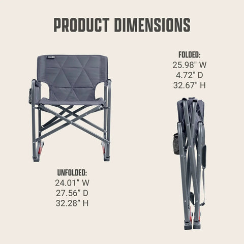 Pro Rocker Camp Chair With Zero Gravity Rocking System Easy Fold Padded Armrests leaf spring comfort dimensions shown folded and unfolded