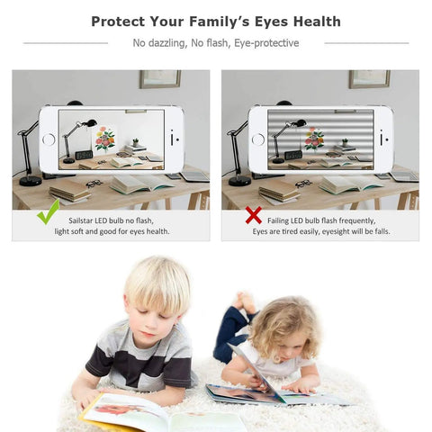 Comparison of Sailstar LED bulb with no flash to failing bulb; children reading under LED light, promoting eye health protection.