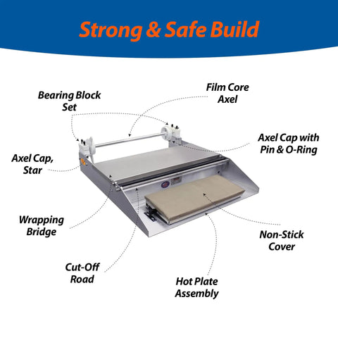 Heat Seal Wrapping Machine For Plastic Bags With Stainless Steel Wrapping Surface, components and labels, 6x15 inch sealing area.