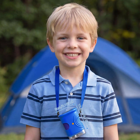 4K 1000X Handheld Digital Microscope For Kids With 2.0 Inch IPS Screen And USB Live Preview Ultra Zoom For Leaves Coins Fabric Insects And Tiny Details Awesome Kid Friendly Hands On Science Toy For Curious Explorers. Boy wearing blue polo with blue handheld microscope