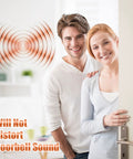 Couple smiling by a door with sound waves, text 'will not distort doorbell sound', Wooden Doorbell Chime Cover Box For Indoor Outdoor Use.