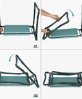 Four images demonstrating how to fold the Garden Kneeler Bench With Well Cushioned Pad And Steel Frame All In One Portable Kneeling Pad.