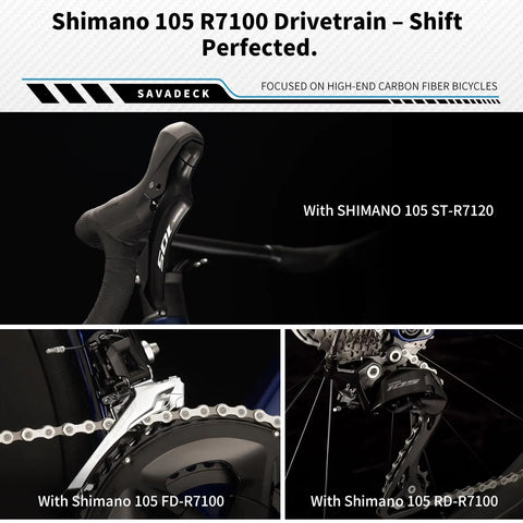 Shimano 105 R7100 drivetrain components on full carbon racing bike with ultralight T800 frame and wheelset, ready to ride.