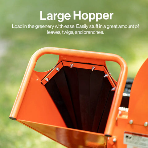 Large hopper of Compact 7HP Mini Wood Chipper Shredder Mulcher For Quick Yard Cleanup Handles Branches Up To 3 Inches