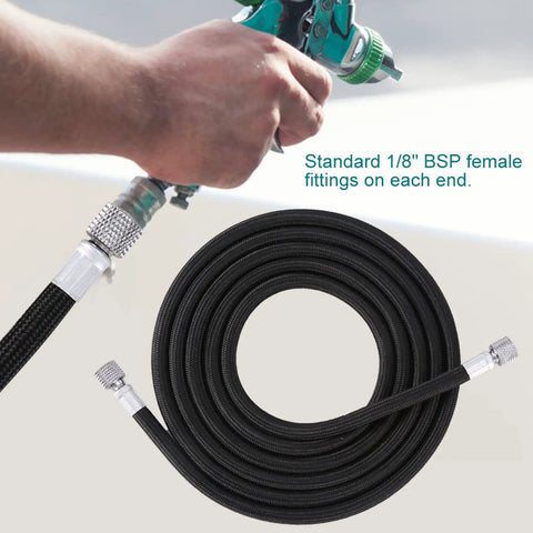 Heavy Duty Eva Airbrush Hose And Air Tube One Point Eight Meters flexible hose with 1/8 inch fittings and airbrush in hand.