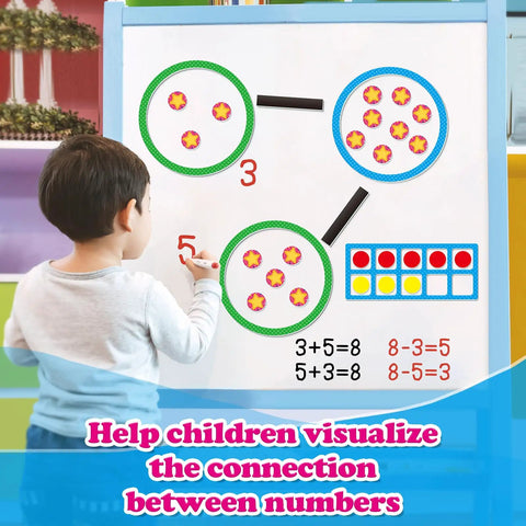Child using Magnetic Number Bonds And Ten Frame Set on whiteboard for kindergarten math practice