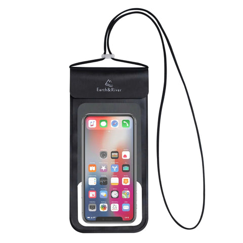 IPX8 waterproof phone case from Go-To Premium Waterproof Dry Bag Backpack For Kayaking And Outdoor Adventures, black casing with phone visible