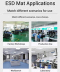 ESD rubber mat applications collage showing factory workshops, production line, workbench, and laboratory