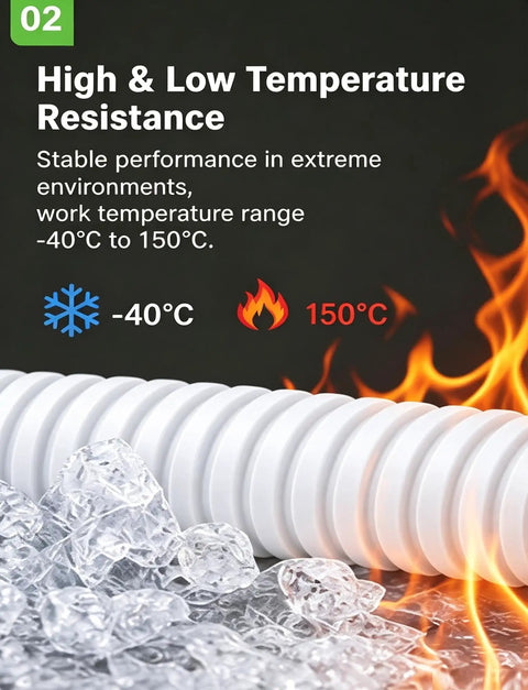 Grab This Boss Grade Heavy Duty PA66 Nylon Corrugated Conduit With Flame Retardant Finish For Tight Cable Routing And Rock Solid Protection On Every Project From Garage To Job Site, showcased with ice and fire symbols.