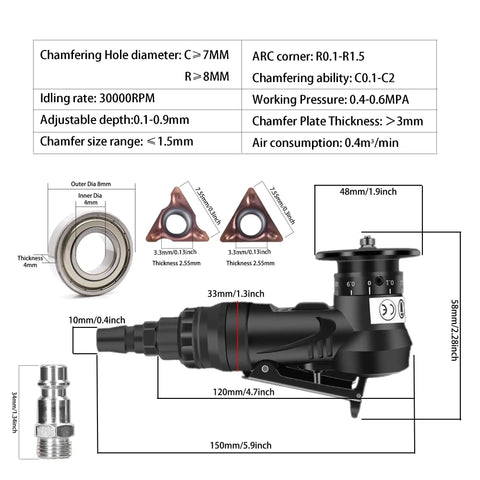 Handheld Pneumatic Chamfering Tool For Metal And Wood Deburr Edge Beveling Machine With C And R Angle Blades 45 Degree Arc Trimming Router High Speed Air Powered Power Tool dimensions and specifications diagram.