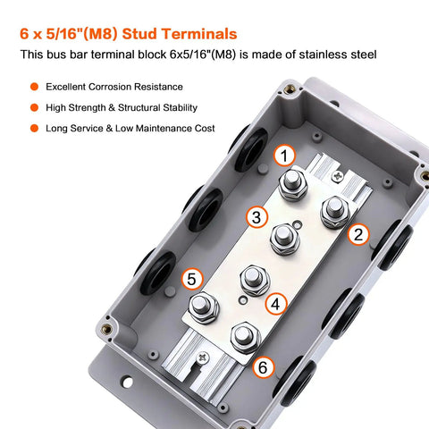 Heavy Duty 500A Bus Bar Tin Plated Copper Junction Block Six M8 Studs visible inside terminal housing.