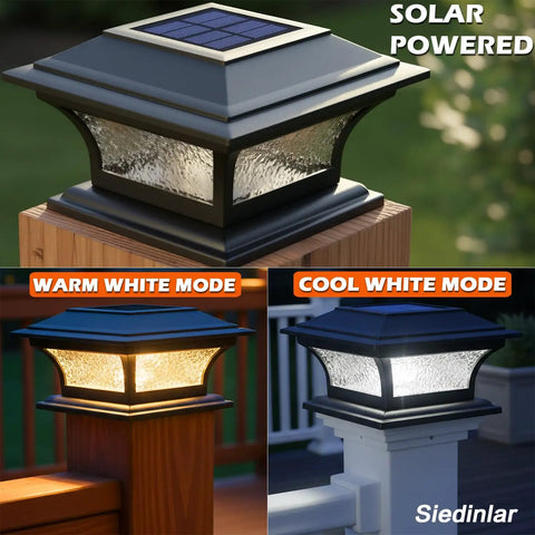 Solar Post Cap Lights For 4x4 5x5 6x6 Posts, Outdoor Glass LED Fence Caps With Pebbled Glass in warm and cool white modes