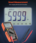Digital Multimeter 6000 Count TRMS Auto Ranging For DC AC Voltage And Current display showing 5999 reading.