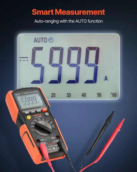 Digital Multimeter 6000 Count TRMS Auto Ranging For DC AC Voltage And Current display showing 5999 reading.