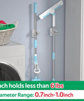 ReliaHom two wall-mounted broom and mop holders, front view, white with blue accents, self-adhesive mounts