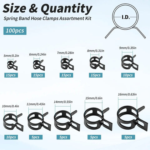 Spring Band Hose Clamps Assortment Kit 100 Pcs With Ten Sizes For Fuel Line And Low Pressure Air Hoses, size detail view