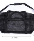 Large Mesh Duffle Bag For Scuba Diving, Snorkeling, Swimming, And Camping With Adjustable Shoulder Strap, shown with dimensions