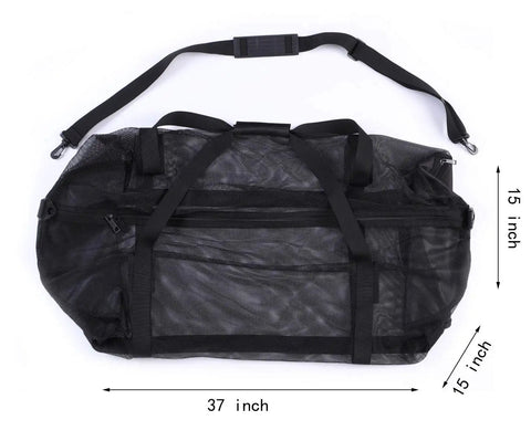 Large Mesh Duffle Bag For Scuba Diving, Snorkeling, Swimming, And Camping With Adjustable Shoulder Strap, shown with dimensions