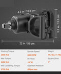 Rugged Pro-Level 1 Inch Pneumatic Impact Wrench Serving Hefty 2730 Ft Lbs Reverse Torque for heavy truck repairs, showing size and specs.