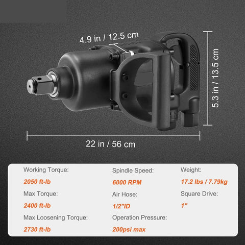 Rugged Pro-Level 1 Inch Pneumatic Impact Wrench Serving Hefty 2730 Ft Lbs Reverse Torque for heavy truck repairs, showing size and specs.