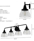 Dimensions and side view of Cypress Grove 4 Light Natural Black Iron Vanity Light with Clear Holophane Glass Shade, Medium Size.