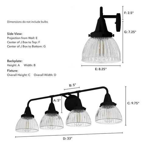 Dimensions and side view of Cypress Grove 4 Light Natural Black Iron Vanity Light with Clear Holophane Glass Shade, Medium Size.