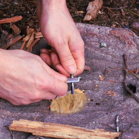 Natural Jute Fire Starters 6 Pack For Camping And Backpacking Grab And Go Campfire Ignition Kit shown in use with jute fiber