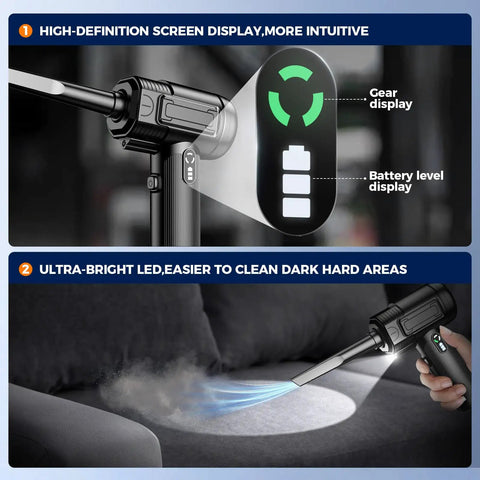 Close-up of Electric Air Duster With Led Light Cordless Rechargeable 130000 RPM Blower showing gear and battery display