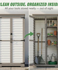Store More In Less Space Slender Outdoor Storage Cabinet For Tight Spaces Tall Vertical Tool Organizer With Four Shelves And Long Handle Storage Weather Resistant Patio Cabinet For Backyard Garden And Side Yard Organization closed on left, open on right displaying shelves and tools