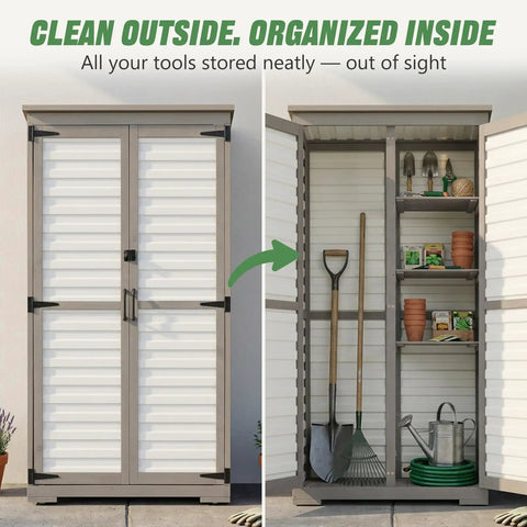 Store More In Less Space Slender Outdoor Storage Cabinet For Tight Spaces Tall Vertical Tool Organizer With Four Shelves And Long Handle Storage Weather Resistant Patio Cabinet For Backyard Garden And Side Yard Organization closed on left, open on right displaying shelves and tools
