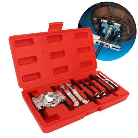 Thinking Process: 9-piece steel bearing splitter puller kit in red case for removing wheel hub bearings and gears