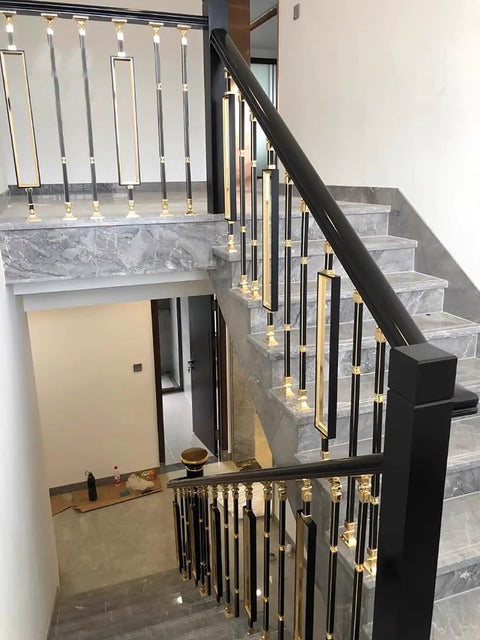 Adjustable Black Stair Railing Spindles Built Like A Tank For No Fuss Mounting Square Aluminum Baluster Posts Heavy Duty Balcony Fence Support Straight Up Durable Total Knockout Build on modern staircase.