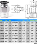 Male Straight Push To Connect Fittings Three Eighths Inch Tube Outer Diameter And Three Eighths Inch NPT Thread Pneumatic Quick Connect Chart