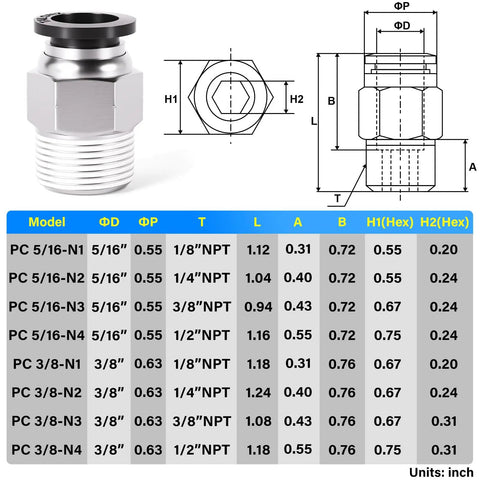 Male Straight Push To Connect Fittings Three Eighths Inch Tube Outer Diameter And Three Eighths Inch NPT Thread Pneumatic Quick Connect Chart
