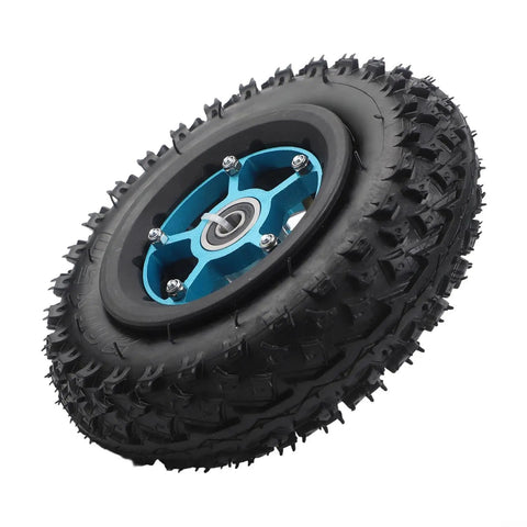 8 Inch Pneumatic Off Road Tire 200x50 for Electric Skateboard and Scooter with beefy aluminum alloy hub and rubber tread, blue hub.