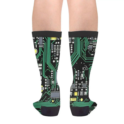 Printed Circuit Board Socks Dope Nerdy Crew Socks For Men And Women With Cushioned Soles Soft Polyester Spandex Blend One Size Fits Most Funny Tech Gift For Geeks And Gamers showing back view with circuit pattern.