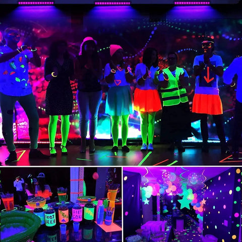 Party scene under Two Pack 36W Black Light Bar Kit With Plug And Switch 5ft Cord 180 Degree Beam; vibrant neon colors glowing.