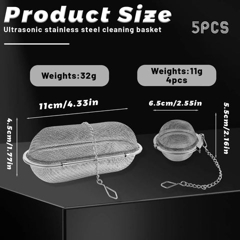 Hella Tough Stainless Steel Ultrasonic Cleaning Baskets Featuring Slick Locking Hooks Zero Hassle Small Parts Holder with sizes 11cm x 4.5cm and 6.5cm x 5.5cm.