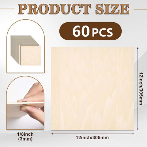 Basswood sheets for laser cutting, 60 pcs, 12 x 12 x 1/8 in unfinished square wood sheets for crafts