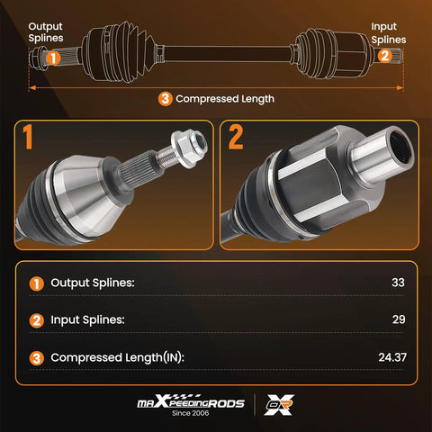 Ram 1500 Front Left Or Right CV Axle Shaft For 4WD Models From 2012 To 2022 And 1500 Classic 2019 To 2020 Replacement Drive Axle Part Built For Heavy Duty Durability And Smooth Power Transfer So Your Ride Keeps Rolling, 33 and 29 spline ends, 24.37 in compressed length